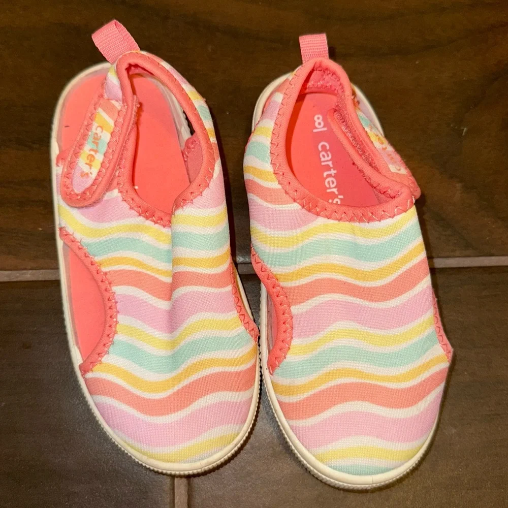 Carter's Kids Pink Orange Multicolor Stripe Wave Velcro Water Shoes Girl’s 8